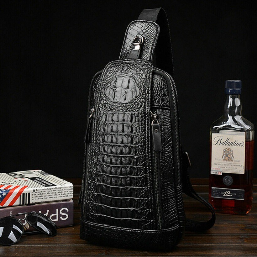 Mens Luxury Leather Crocodile Pattern Chest Bag Backpack Crossbody Travel Bag