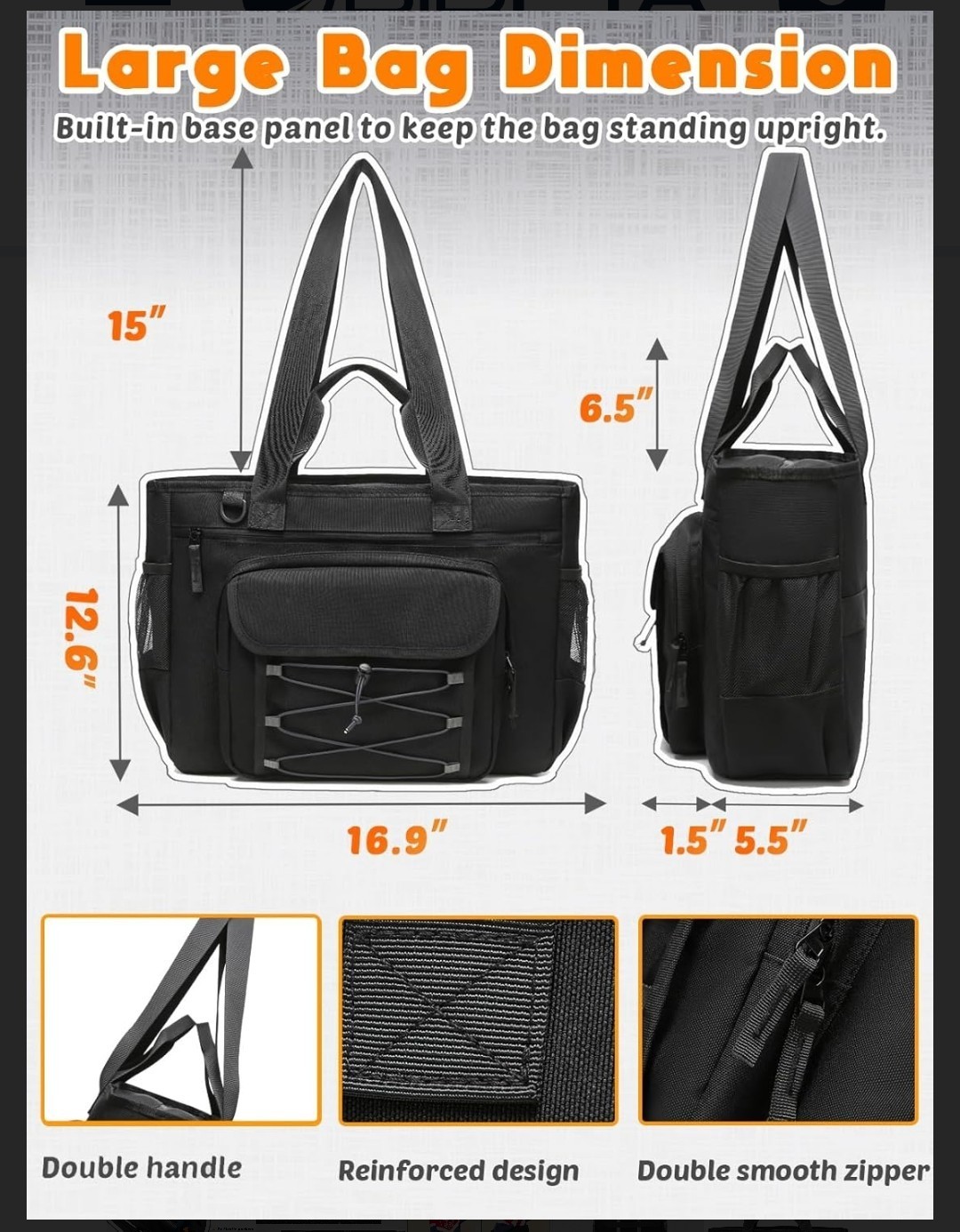 Black Large Zip Laptop Tote w/ Padded 15.6 in Sleeve, Pockets