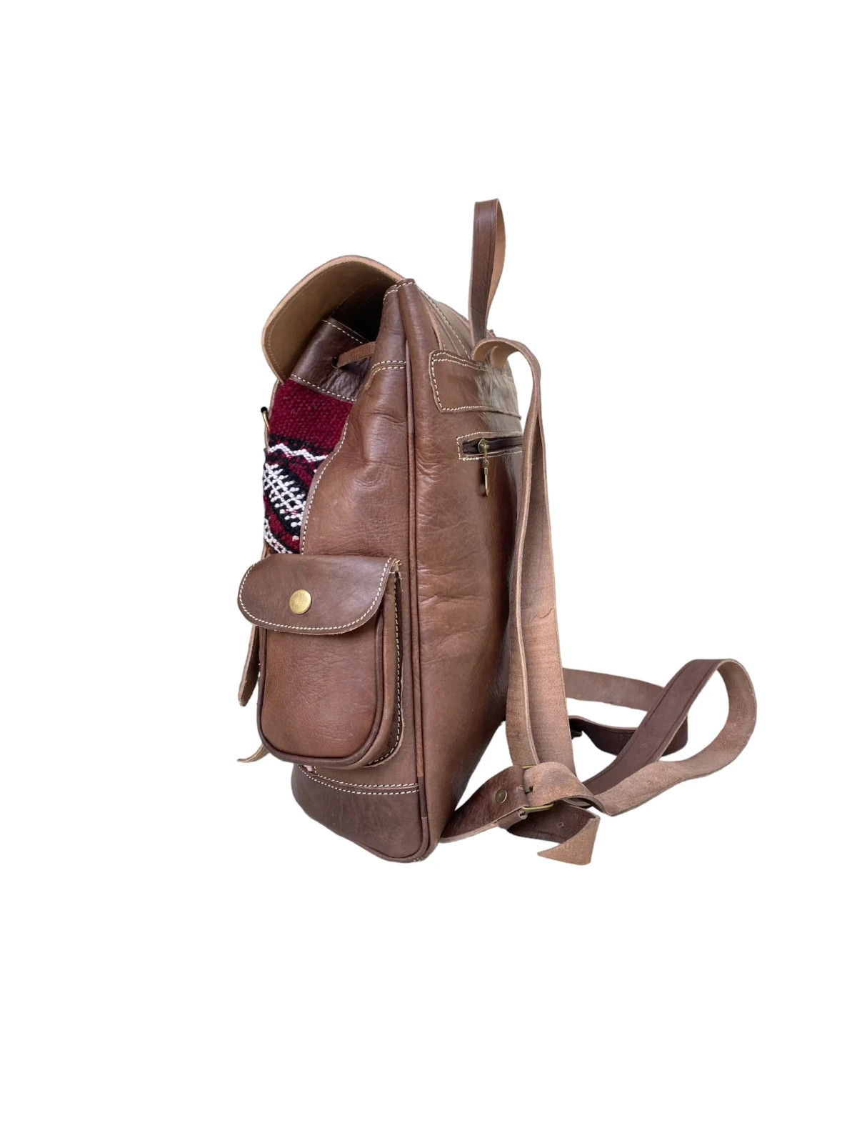 Handcrafted Genuine Leather & Red Kilim Backpack – Brown Leather | Leather Strap