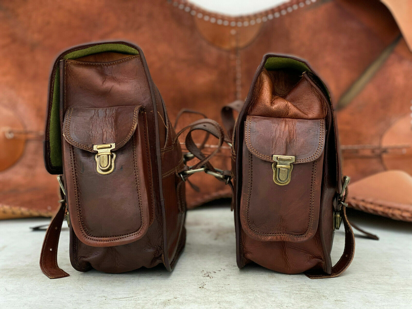 Leather Motorcycle Saddle Bags Saddlebag Luggage Bag Sportster 3 Pcs Large