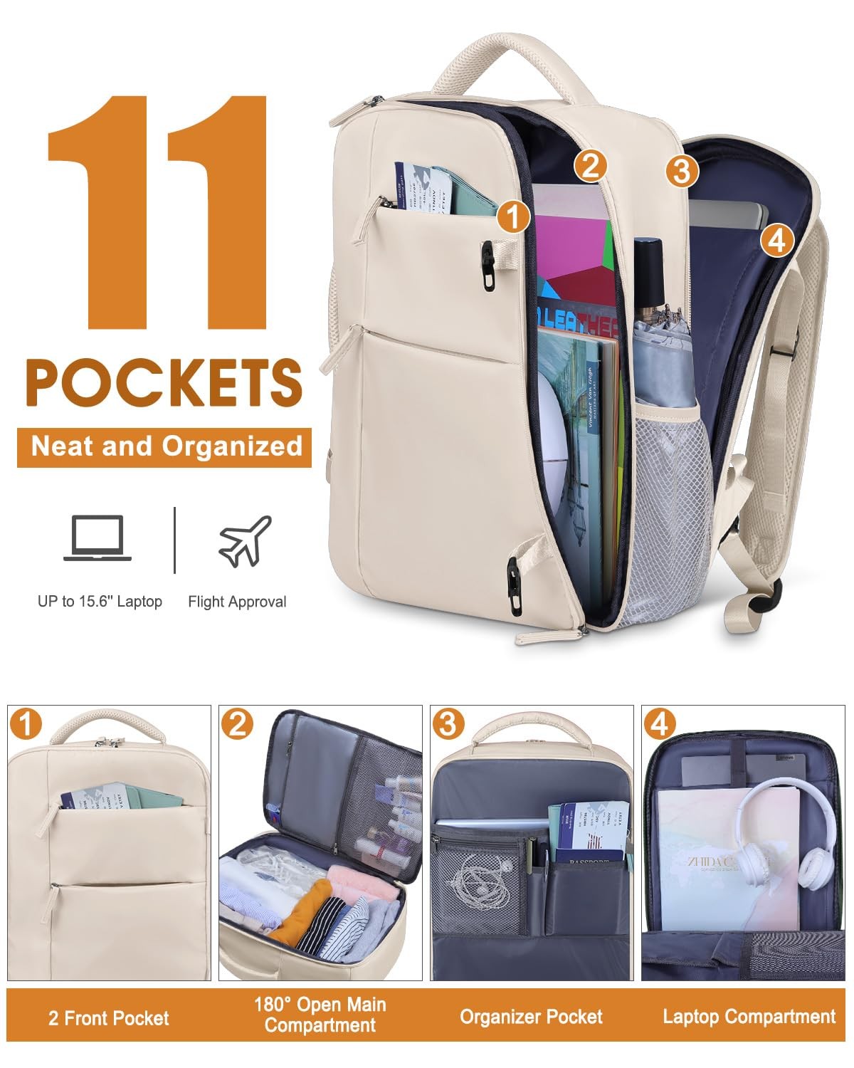 Travel Backpack Waterproof 15.6in Laptop Carry On Business Bag Beige
