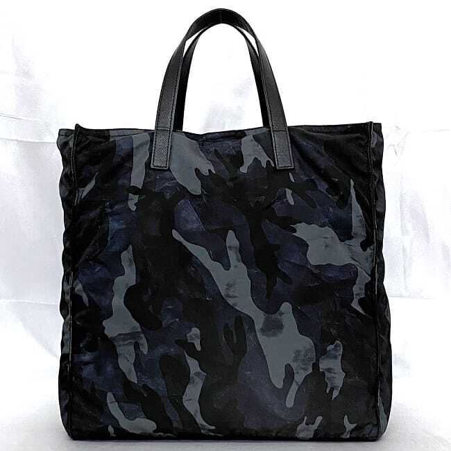 Prada tote bag navy black testuto camouflage triangle logo plate nylon leather
