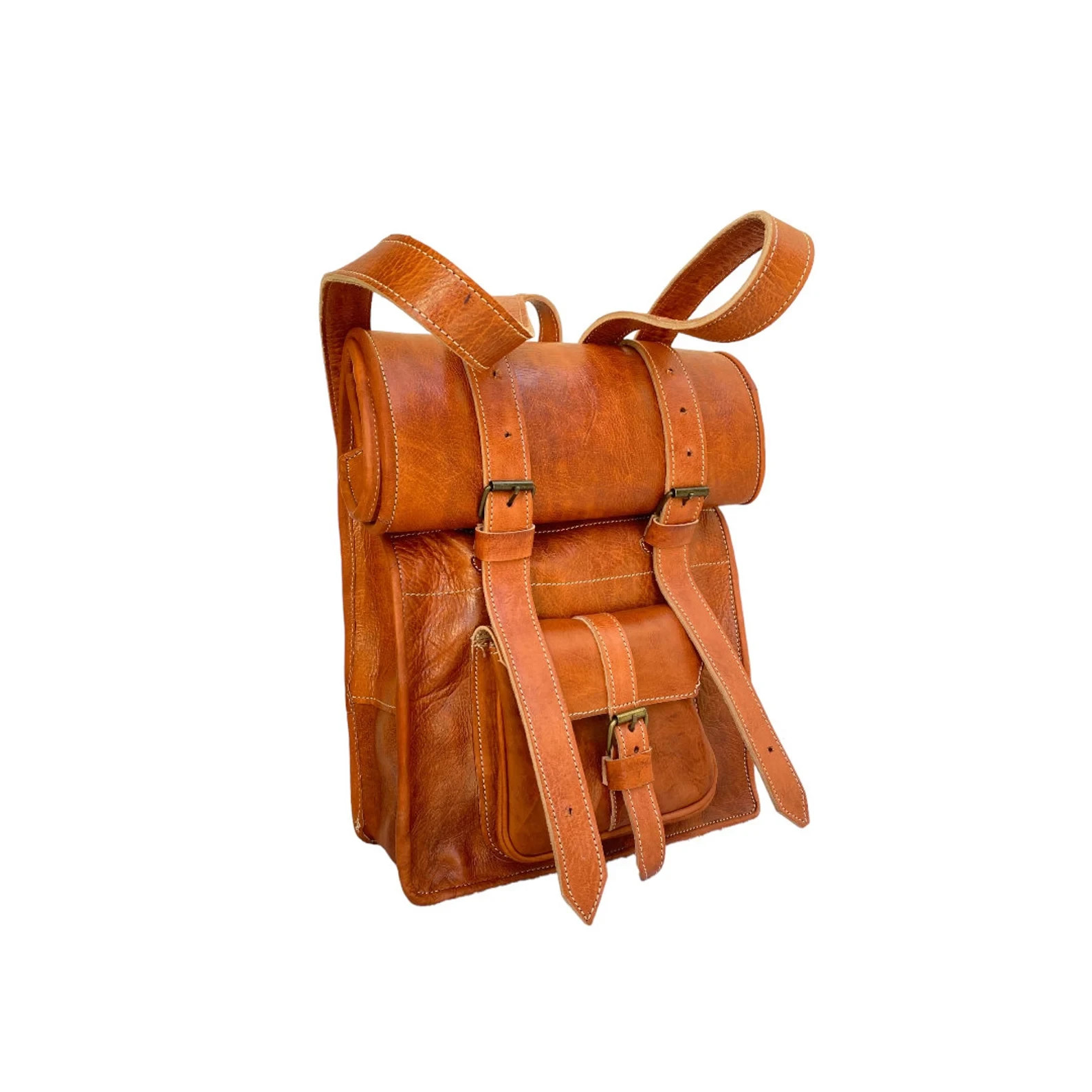Handcrafted Genuine Leather Roll Top Bag – Cognac | 55cm | 100% Handmade