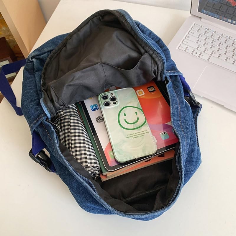 Classic Retro Denim Backpack Y2K Aesthetic Shoulder Bag Lightweight Black
