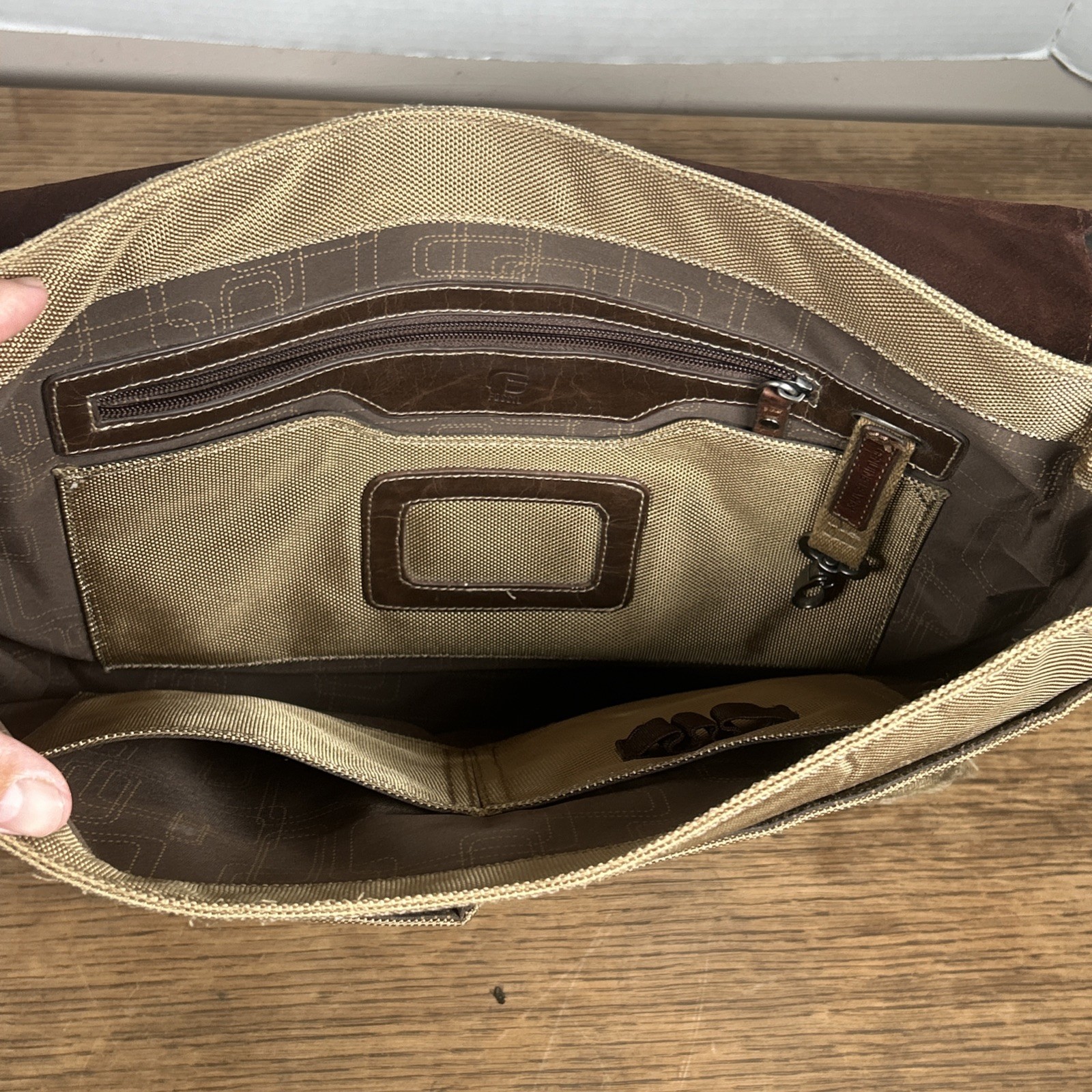 Fossil Messenger Bag Men’s Green Brown Nylon Leather Case Carry Distressed