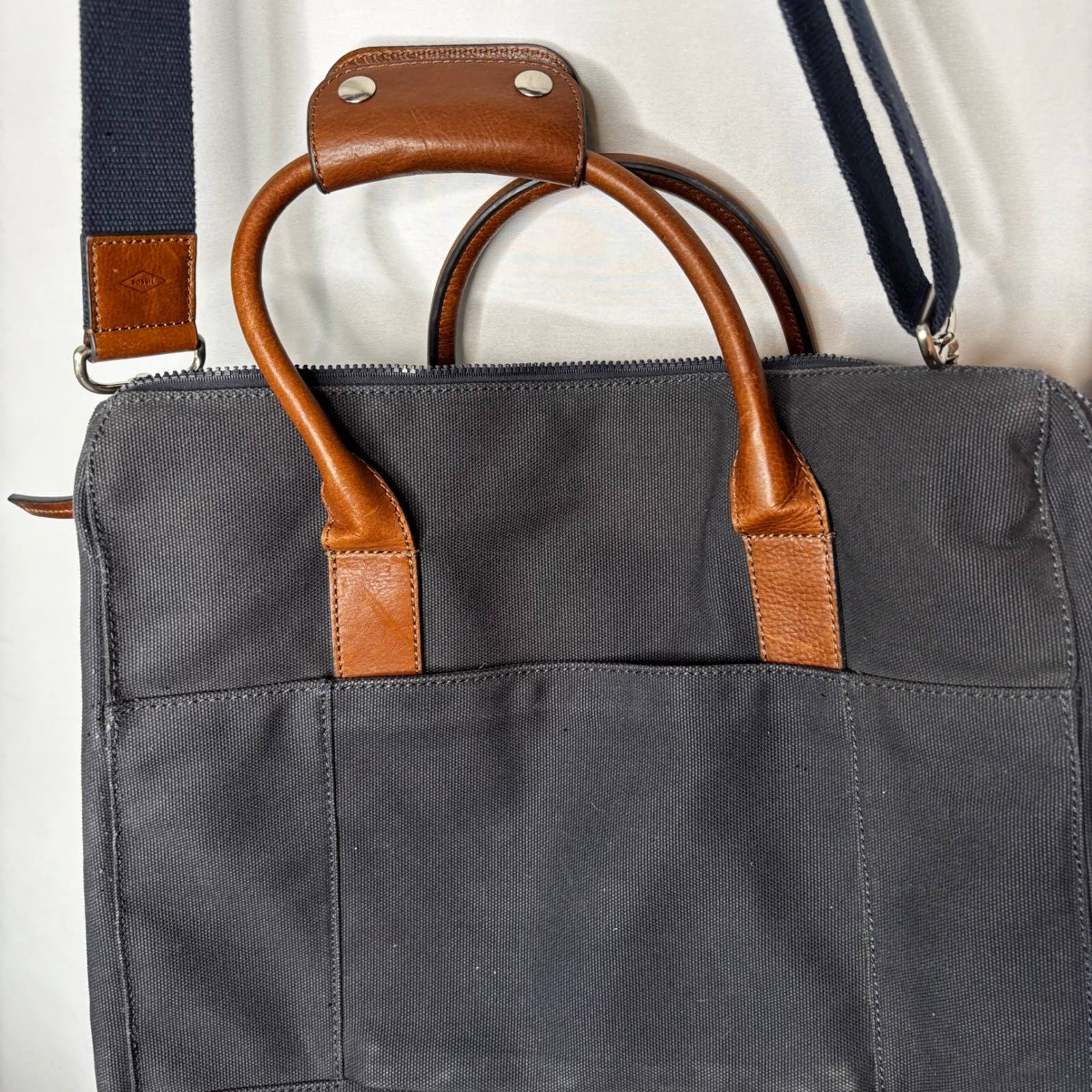 Fossil Estate Canvas Leather Messenger Computer Travel Bag Briefcase Gray Canvas