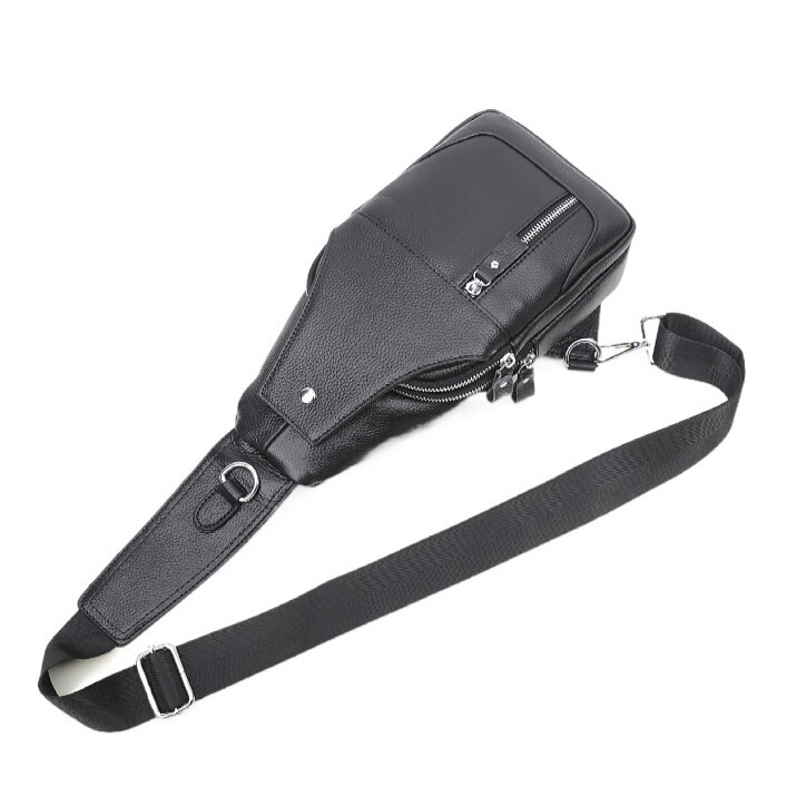 Genuine Leather Sling Backpack, Black Men‘s Crossbody Chest Bag Causal Daypack