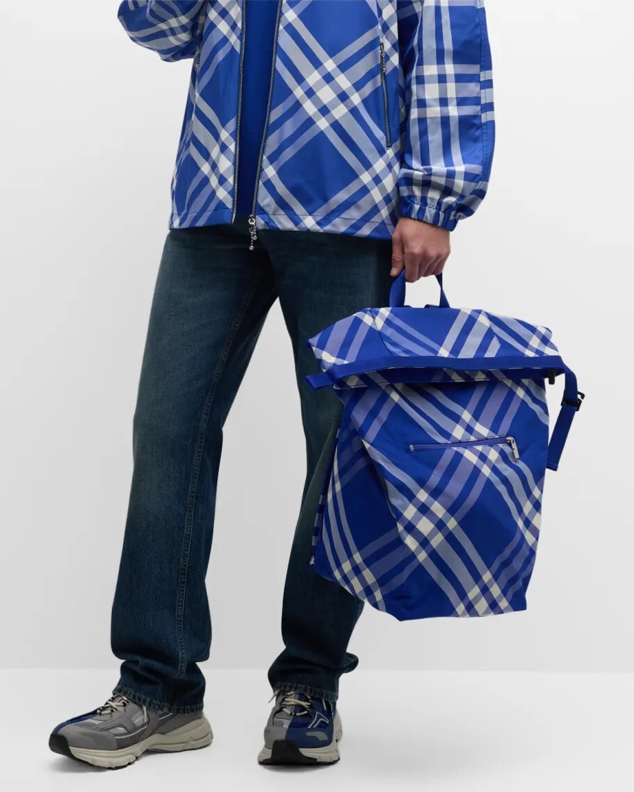 (NO CUSTOMS TAX) BURBERRY blue & white check roll-top nylon backpack authentic