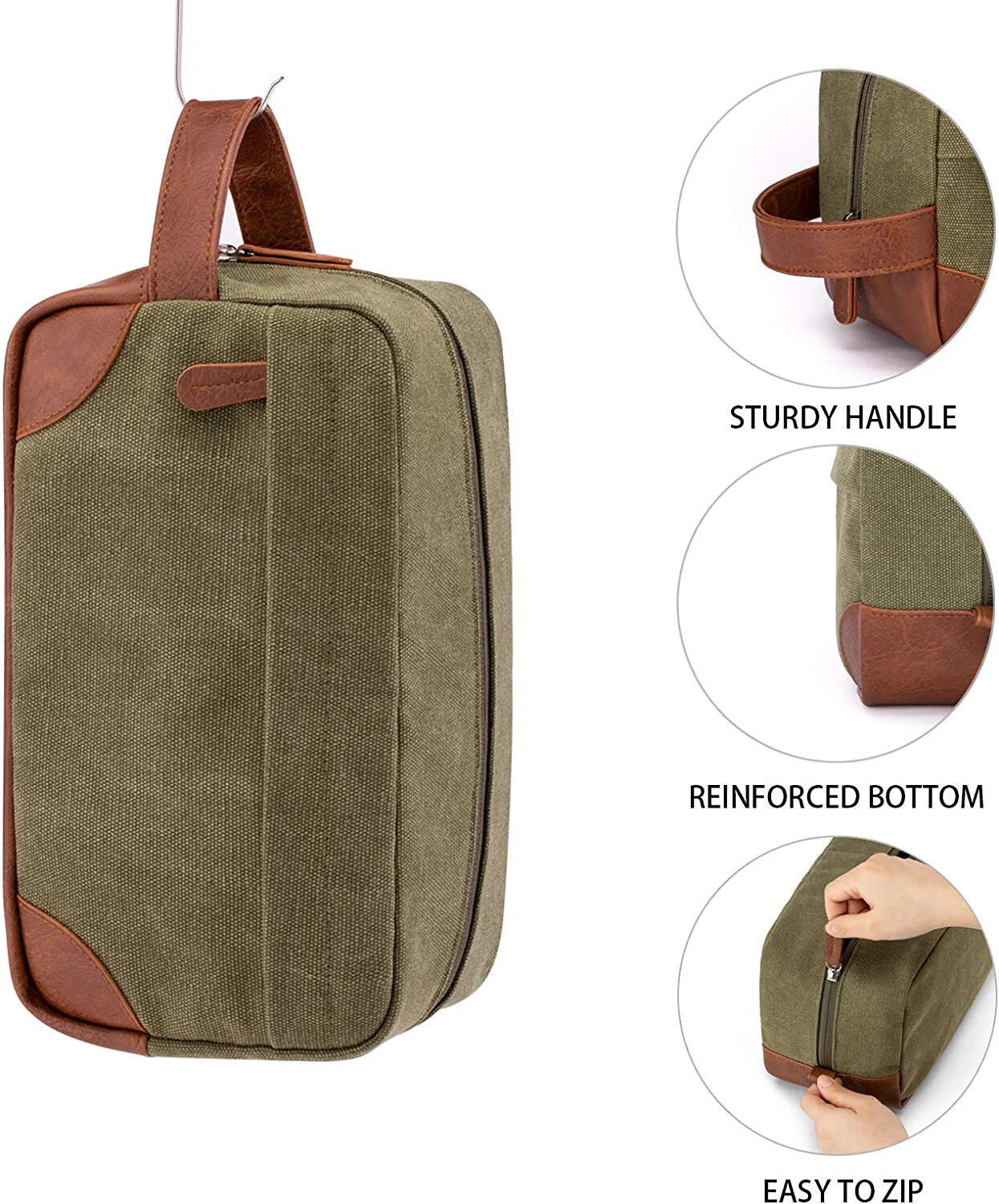 Water Resistant leather Canvas Shaving Bag Hanging Dopp Kit Toiletry Bag – Green