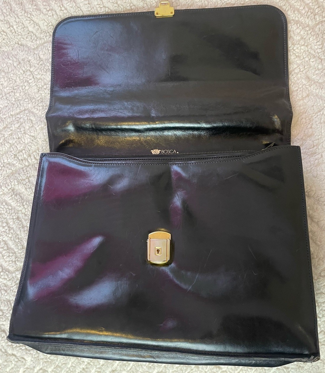 Vintage Bosca Old Leather Briefcase Flap over 3 Gusset Shoulder Bag