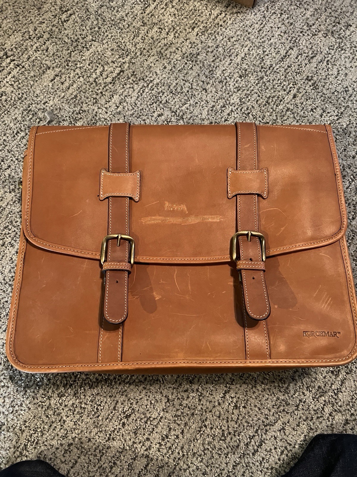 Vintage Korchmar Brown Tan Belted Leather Briefcase Work Bag Made In USA CLEAN!