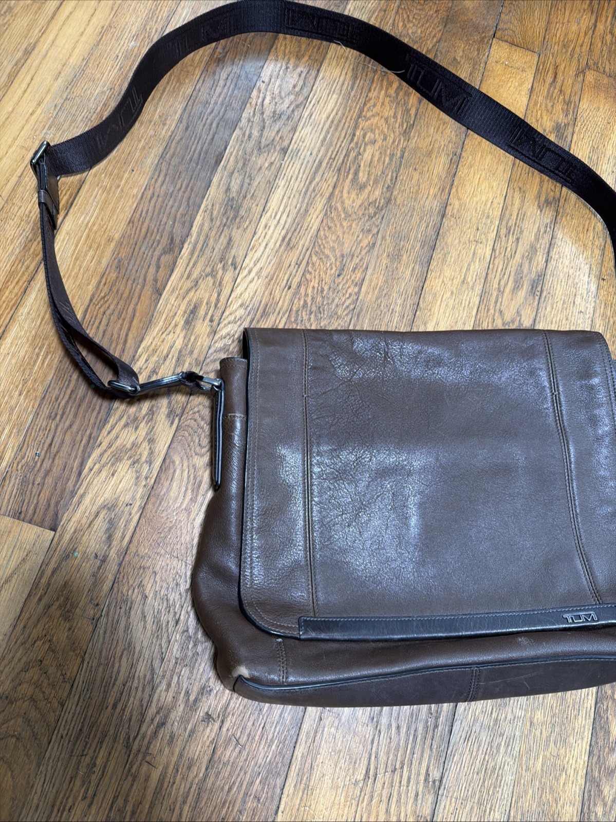 Tumi Dark Brown Leather Laptop Messenger Bag With Web Strap