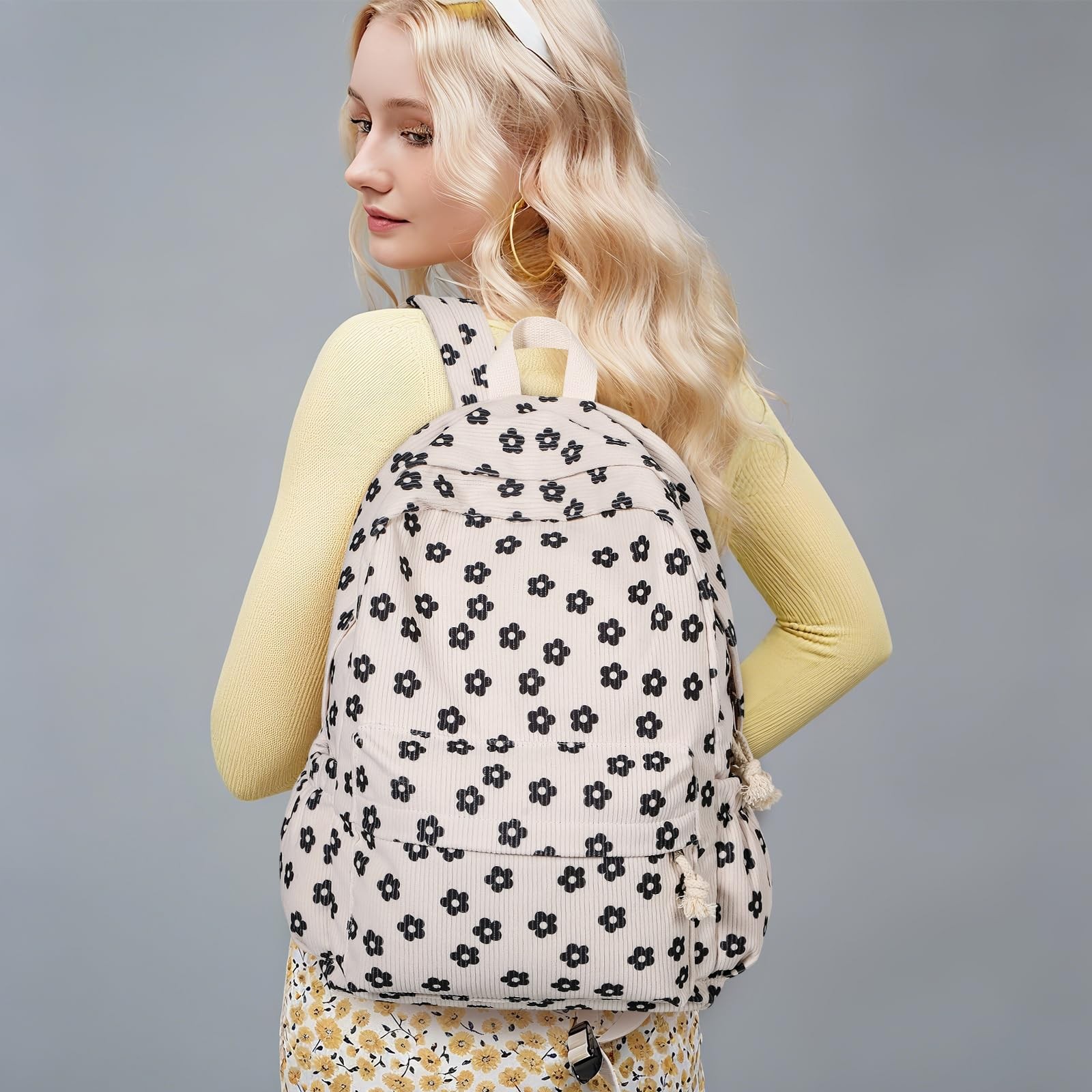 15.6 Inch Laptop Backpack School Bag Teens Womens Cute Corduroy Black Floral