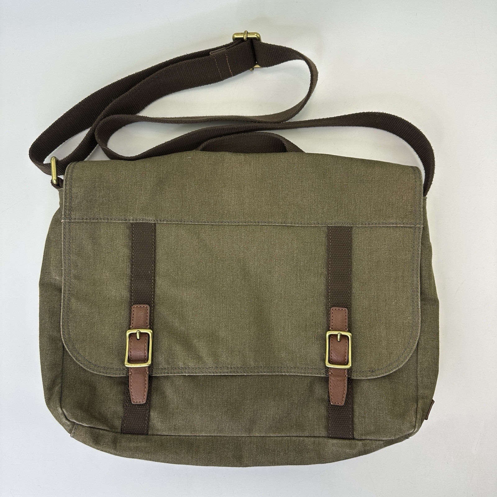 Fossil Green Brown Canvas Laptop Messenger Bag with Adjustable Strap and Pockets