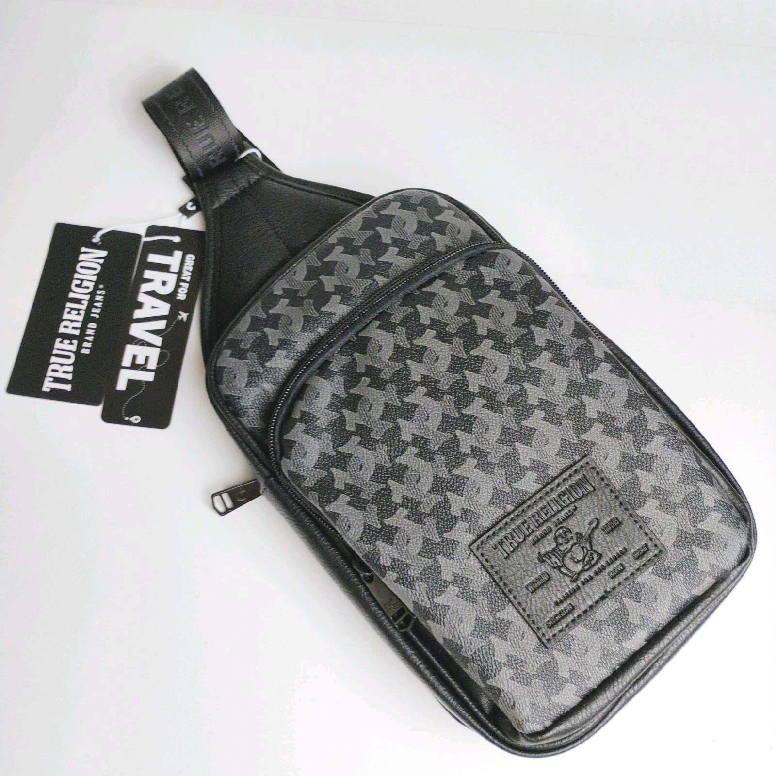 True Religion Farro II Crossbody Sling Bag Black Gray Logo Zipper Unisex NWT