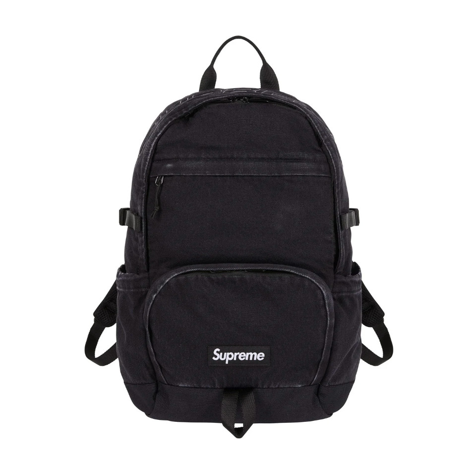SUPREME FW25 DENIM BACKPACK BLACK INDIGO WHITE 3M LOGO 23L 19.3″ x 12.6″ x 7.1″