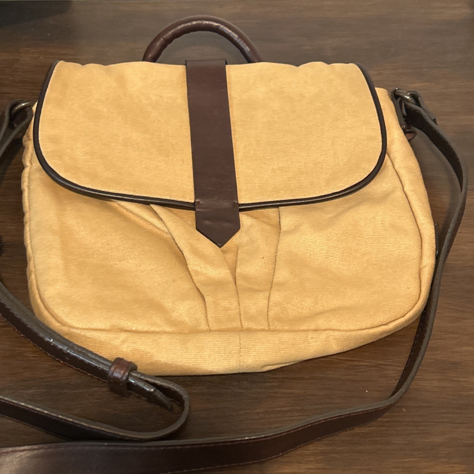 DULUTH TRADING Co Messenger Bag Brown Tan Canvas Leather Trim Satchel Purse