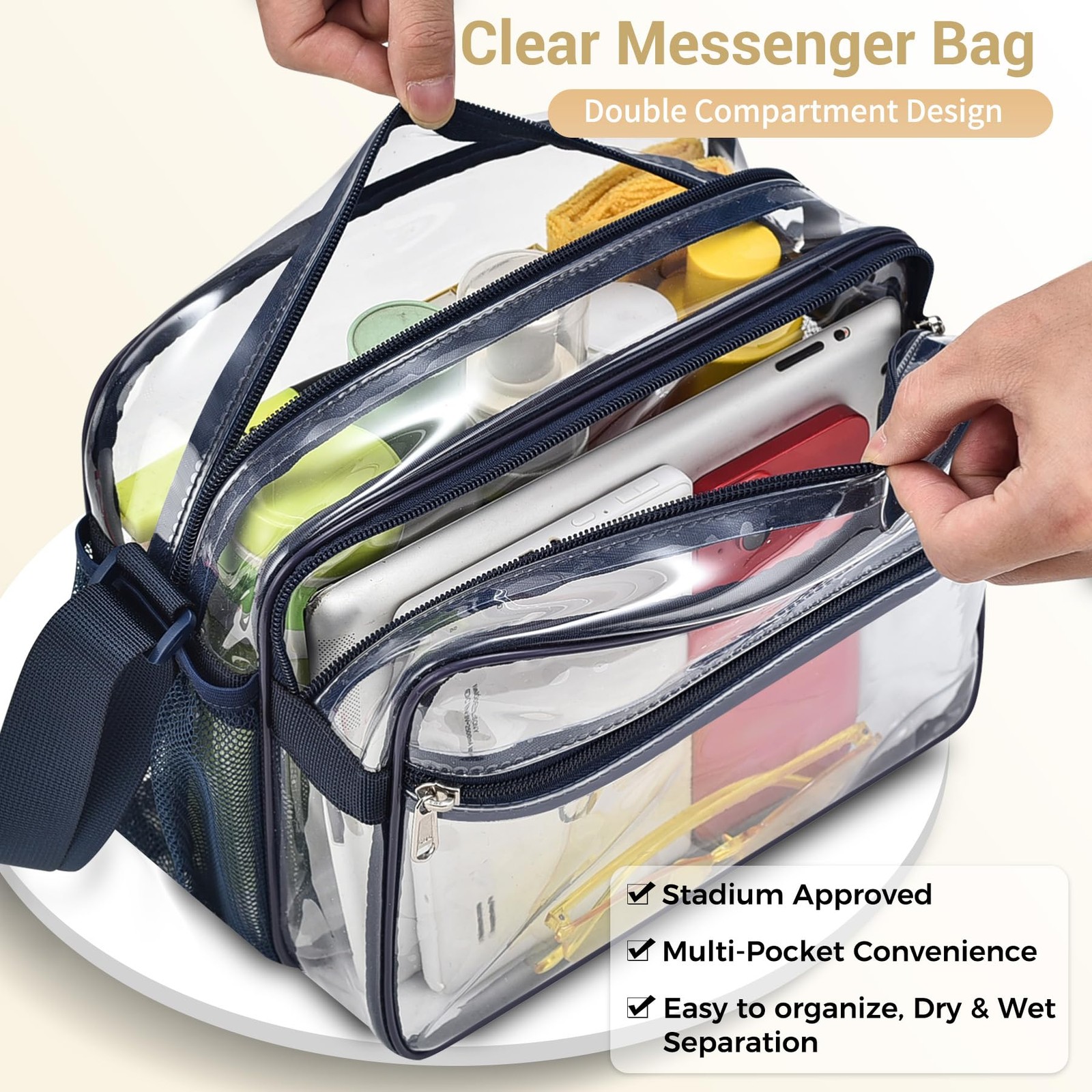 2 Compartment Clear Stadium Messenger Bag For Concerts Games Events