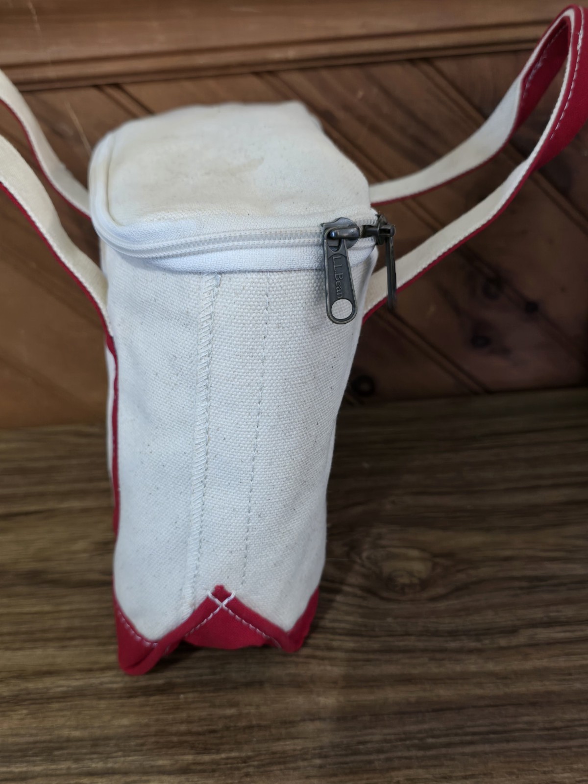 Vintage LL Bean Small Boat Tote Insulated Cooler Lunch Bag Beige Red Handles