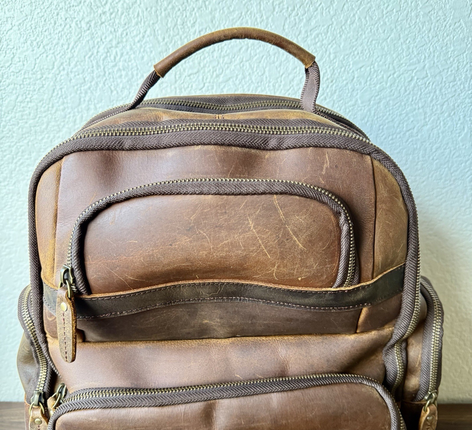 Tiding Leather Two Tone Leather Backpack Brown With Charging Laptop Bag