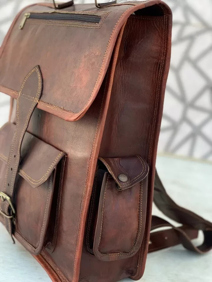 Leather Backpack Vintage Rucksack Laptop Genuine Men’s Travel (16X12 inch Brown)