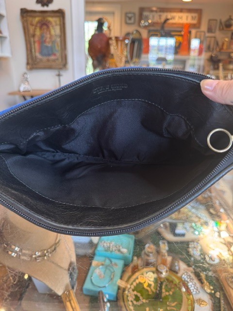 Steve Mono Spain Black Leather & Cobalt Blue Canvas Double Envelope Bag Clutch