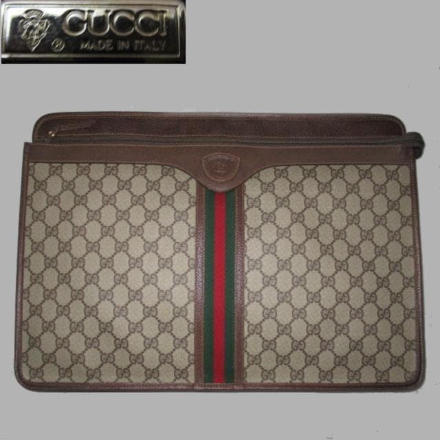 GUCCI Vintage Large Clutch Bag Leather Red Green Brown 40cm x 30cm Excellent