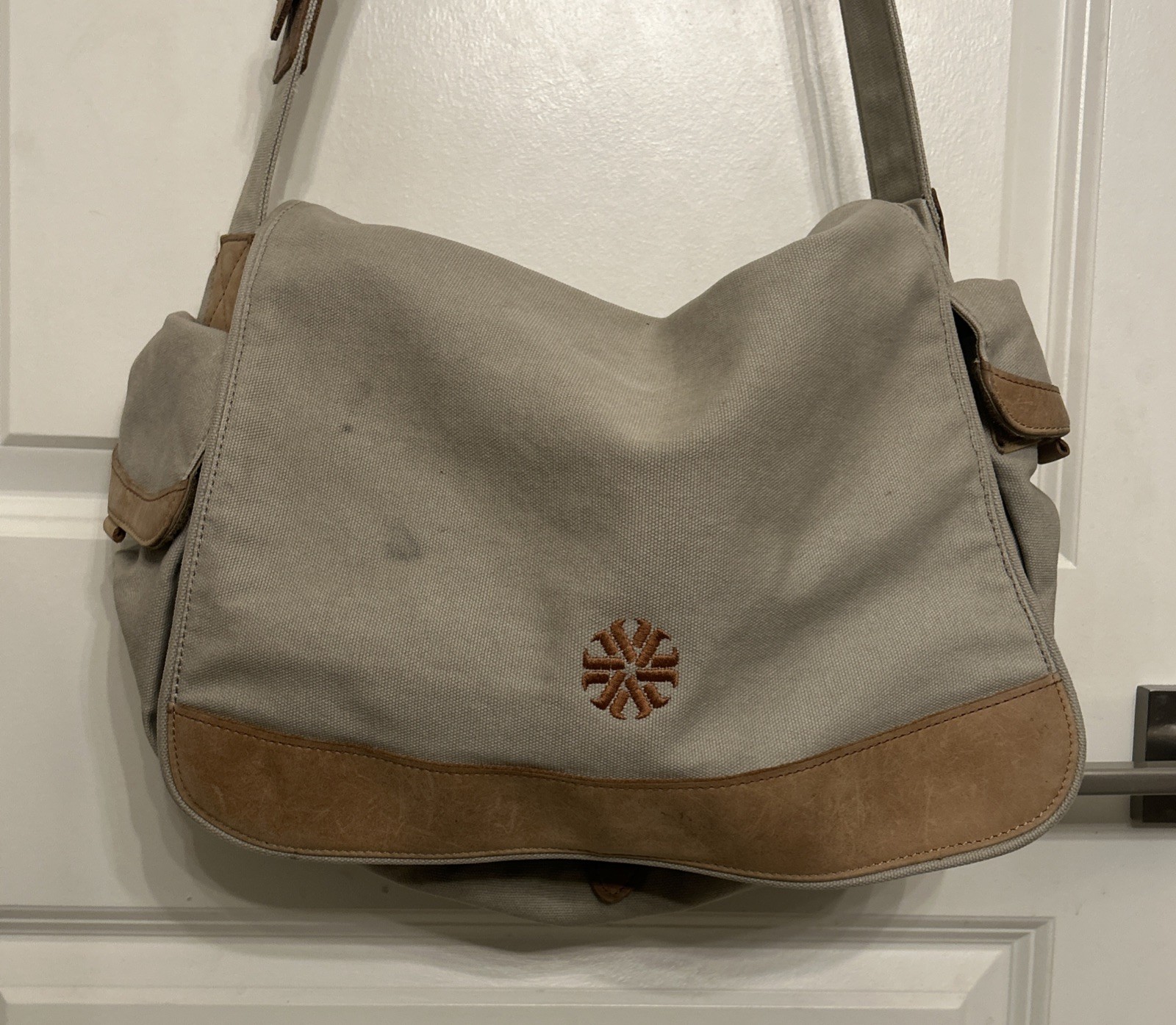 100% Cotton LL Bean Canvas Leather Cross Body Utilitarian Messenger Tote Bag