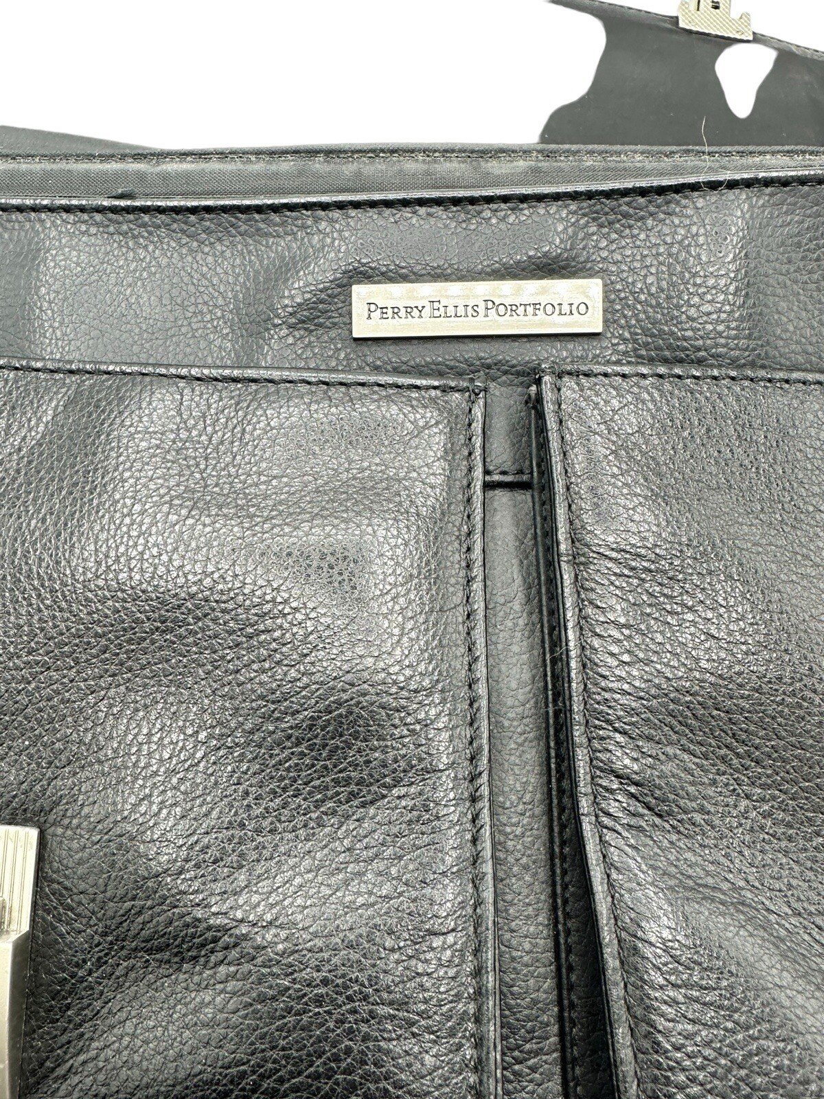 Perry Ellis Portfolio Black Genuine Leather Briefcase Black Many Pockets FLAW