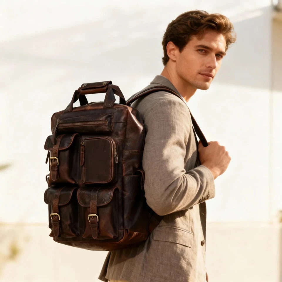 Professional Brown Leather Messenger Backpack Distressed Business Travel Rucksac