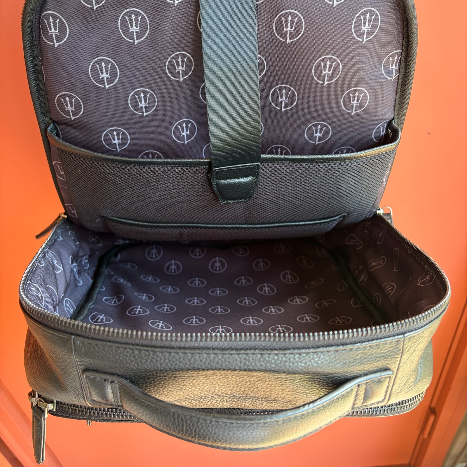 Maserati Leather Backpack with Laptop Sleeve Black Pebbled