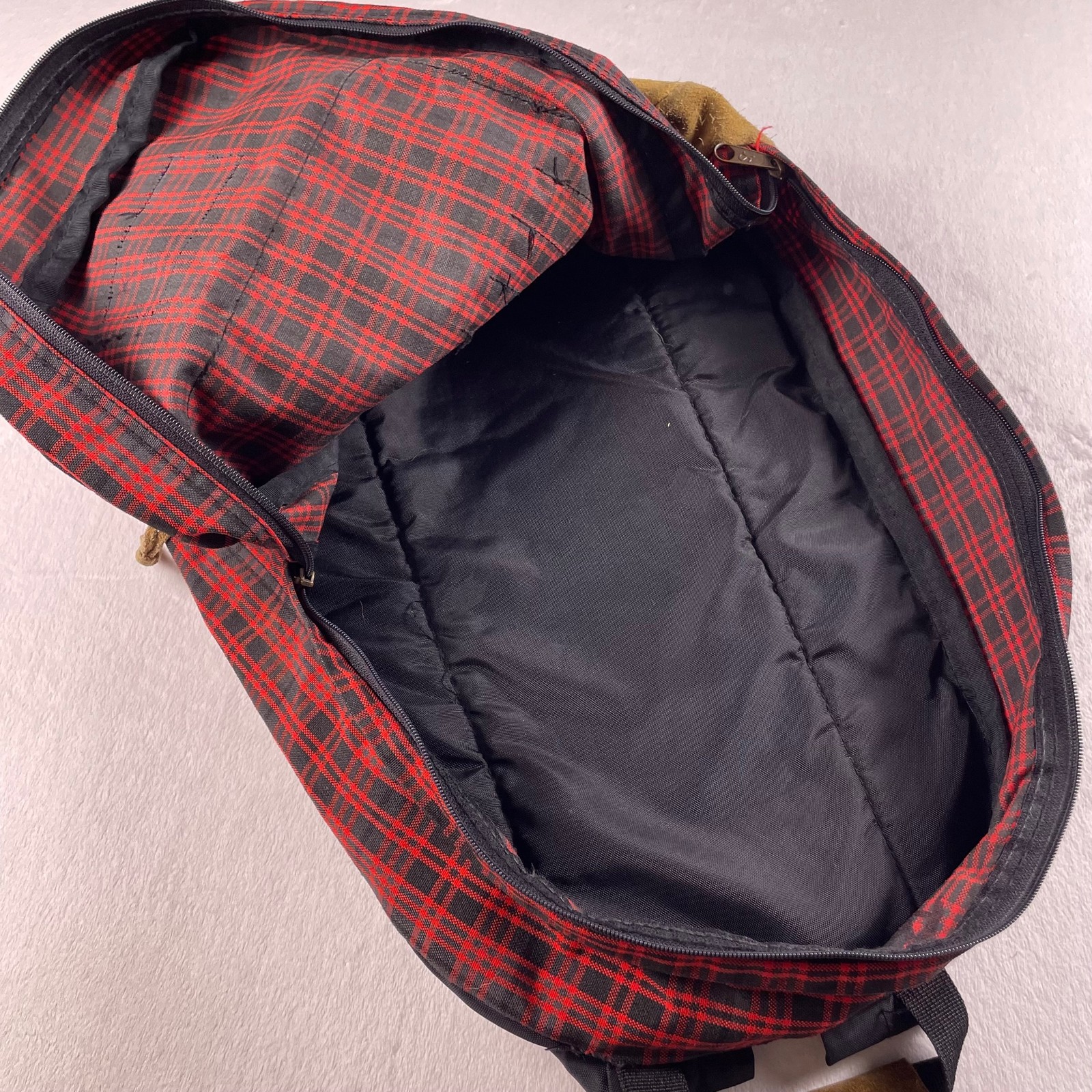 Vtg JanSport Backpack Red Black Plaid Made USA Leather Bottom School Bag