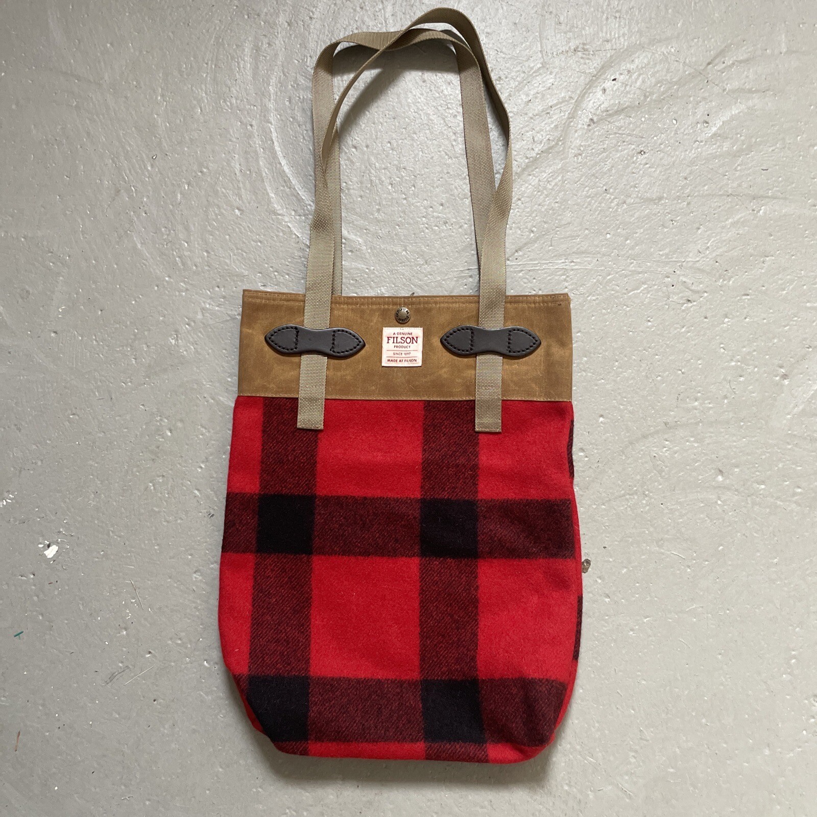 Filson 70277 Wool Plaid Tin Cloth Tote Bag Leather Accents Made In USA RARE