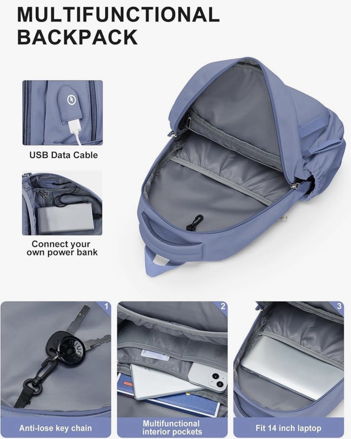 Waterproof 14″ Laptop Backpack USB Charging Port Office School Travel Bag NWT