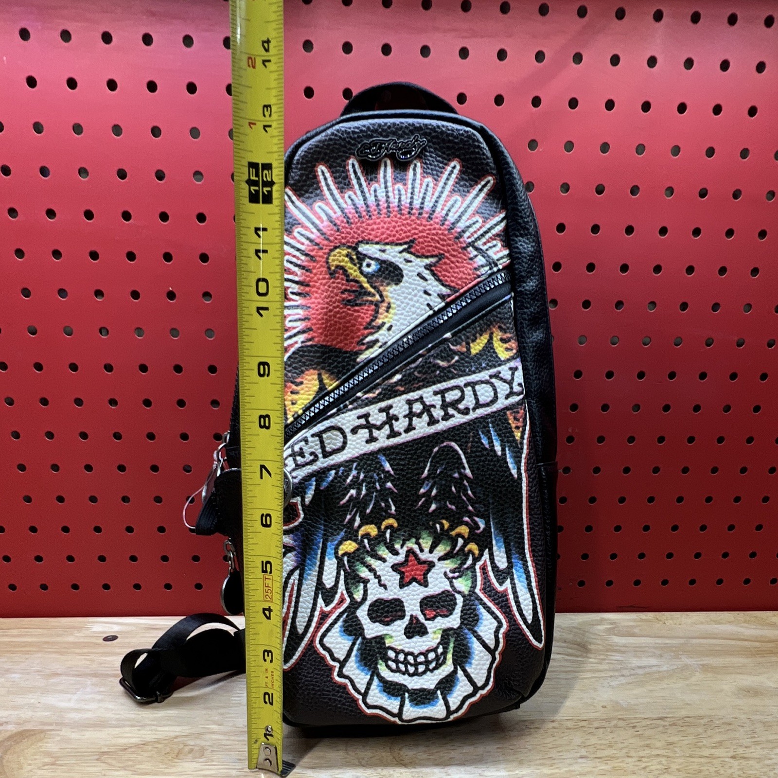 Ed Hardy Black Skull Eagle Graphic Sling Bag, Medium, Zip, Adjustable Strap