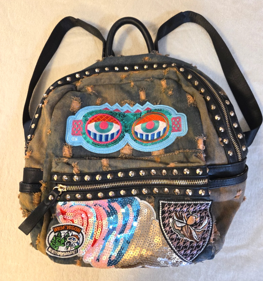 Distressed Soft Denim Backpack Patches Embroidery Sequins Eyes Grunge Studs Zip