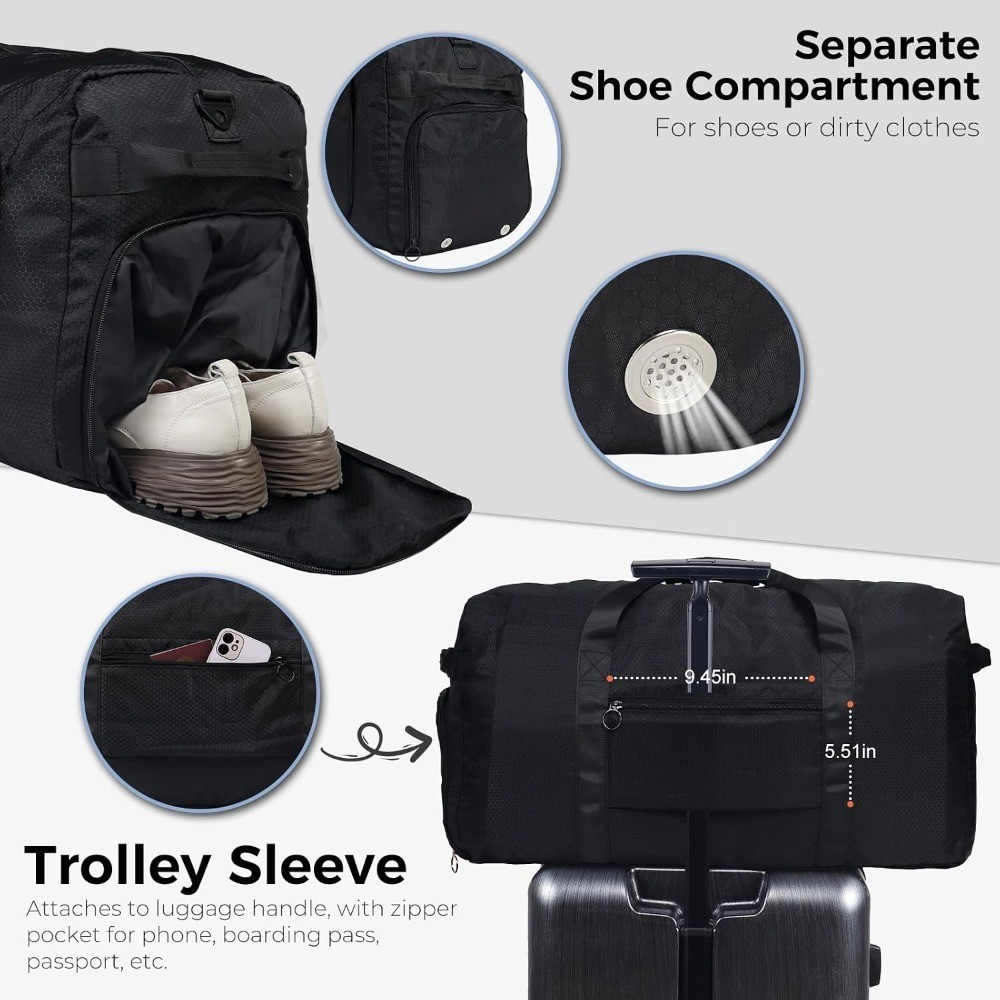 65L Duffle Bag with Shoes Compartment, Foldable Travel Duffel Bags for Men