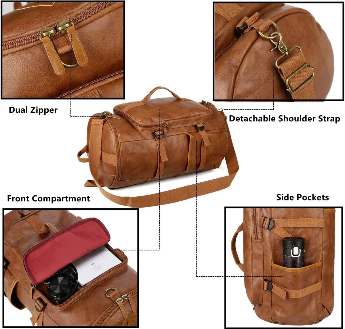 Stylish Vegan Leather Men Weekender Travel Duffel Tote Bag Backpack Travel Hikin
