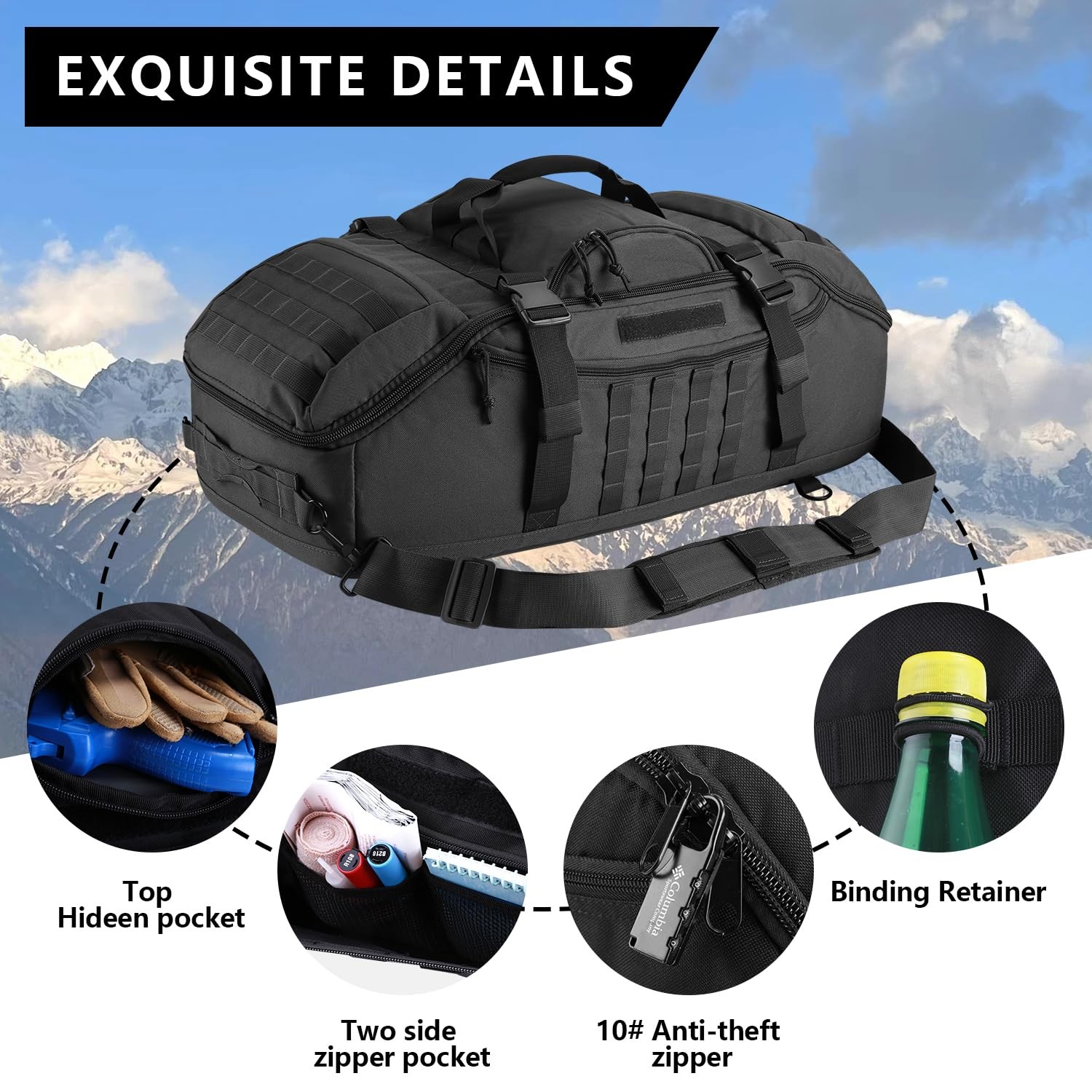 55L Large Duffle Bag 3in1 Tactical Backpack MOLLE Pack for Gym and Sports, Black
