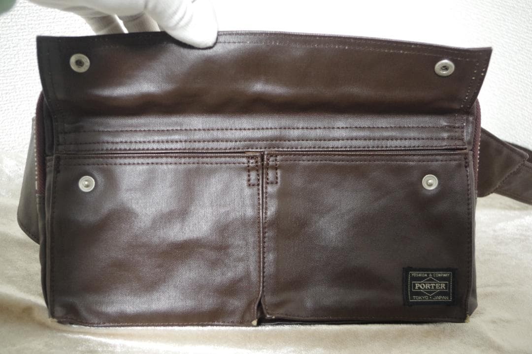 Authentic Yoshida Kaban PORTER Brown Leather Body Waist Bag 18cm x 29cm SizeYo