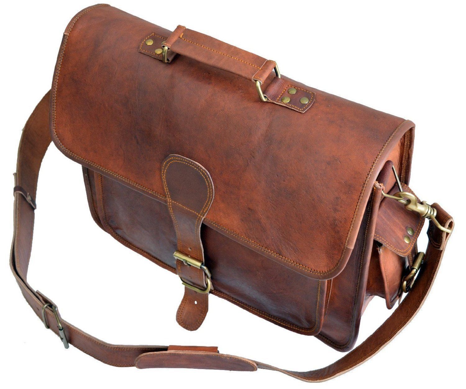 Brown Men’s Genuine Leather Large 15.5 Laptop Case for computer bag shoulder