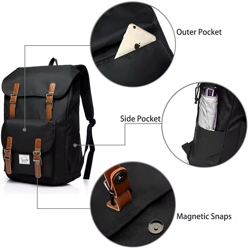 VASCHY Outdoor Hiking Waterproof Rucksack Bookbag 15.6in Laptop Backpack Black