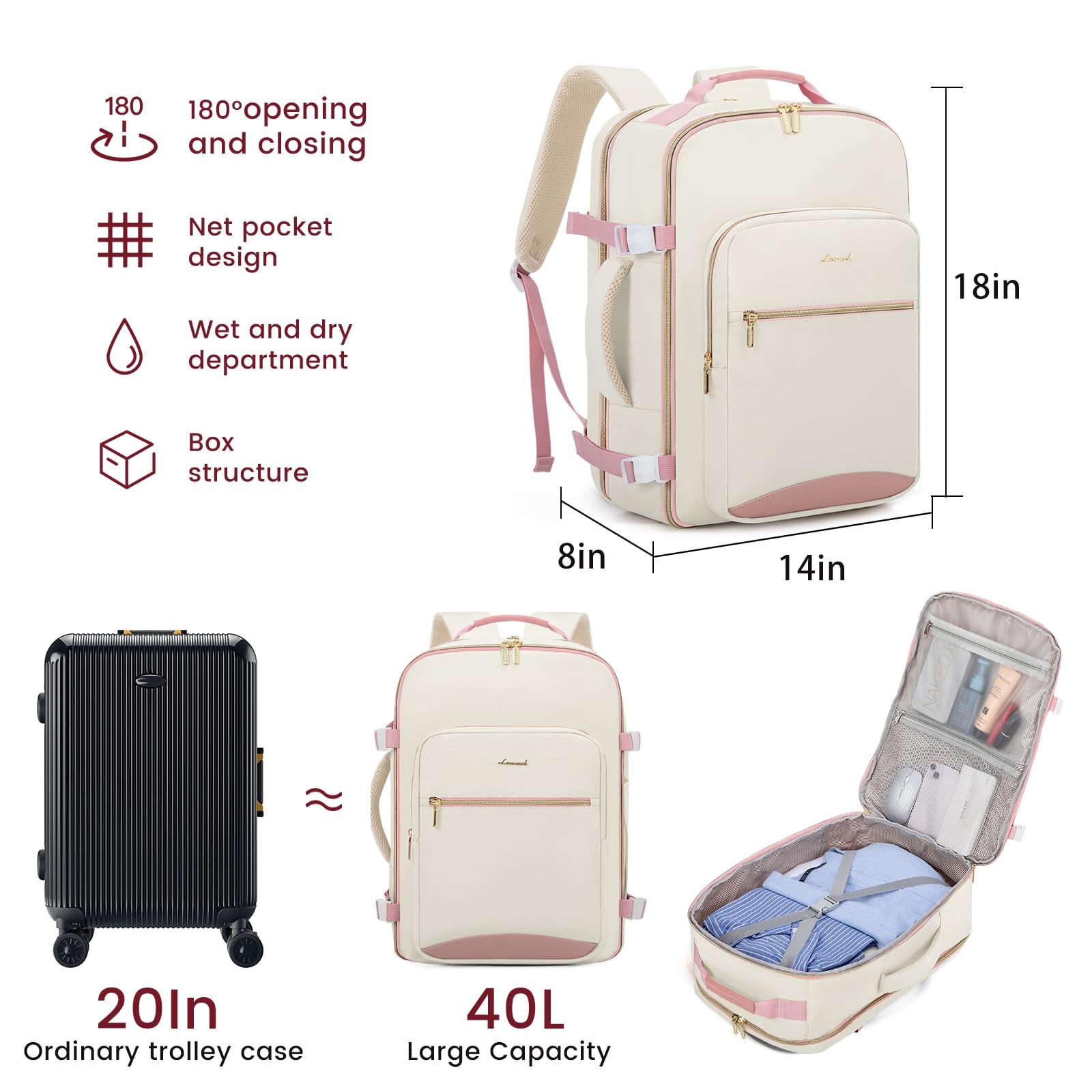 LOVEVOOK 40L Large Travel Backpack for Women 40L-17.3 Inch-4Pcs, Beige-pink