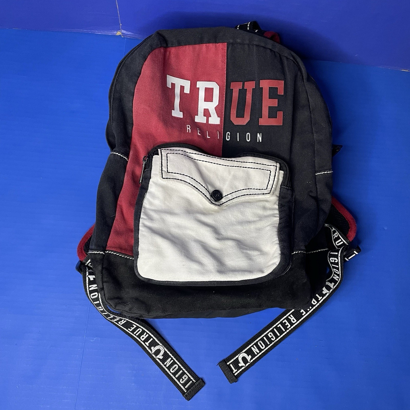 True Religion Black Red White Logo Backpack Book Bag Color Block