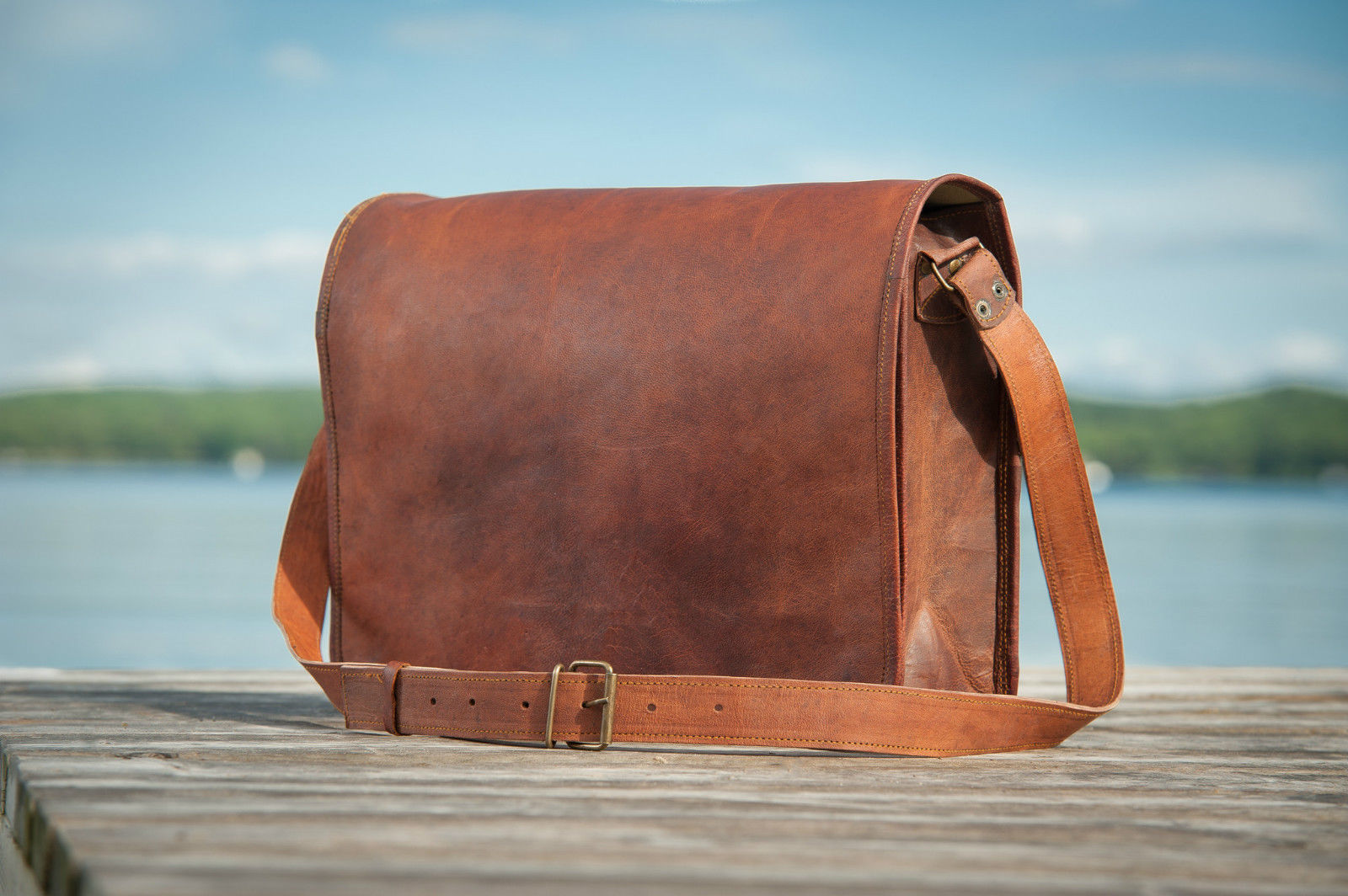 13″ Men’s Vintage Brown Leather Full Flap Messenger Laptop Satchel Shoulder Bag