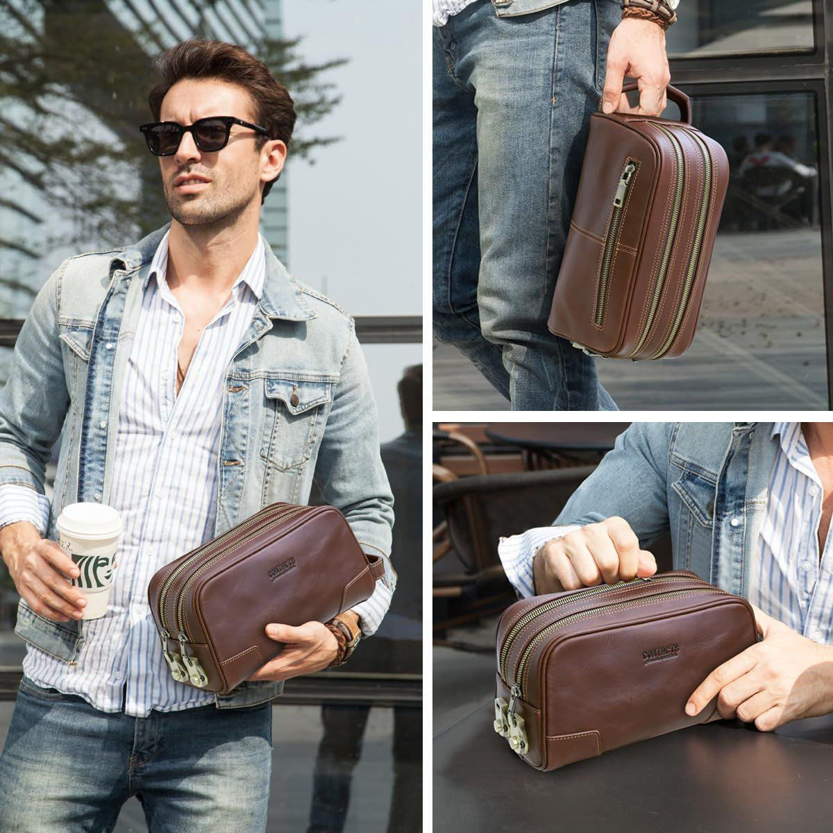 RC ROCKCOW Coded Lock Toiletry Bag, Mens Genuine Leather Travel coffee