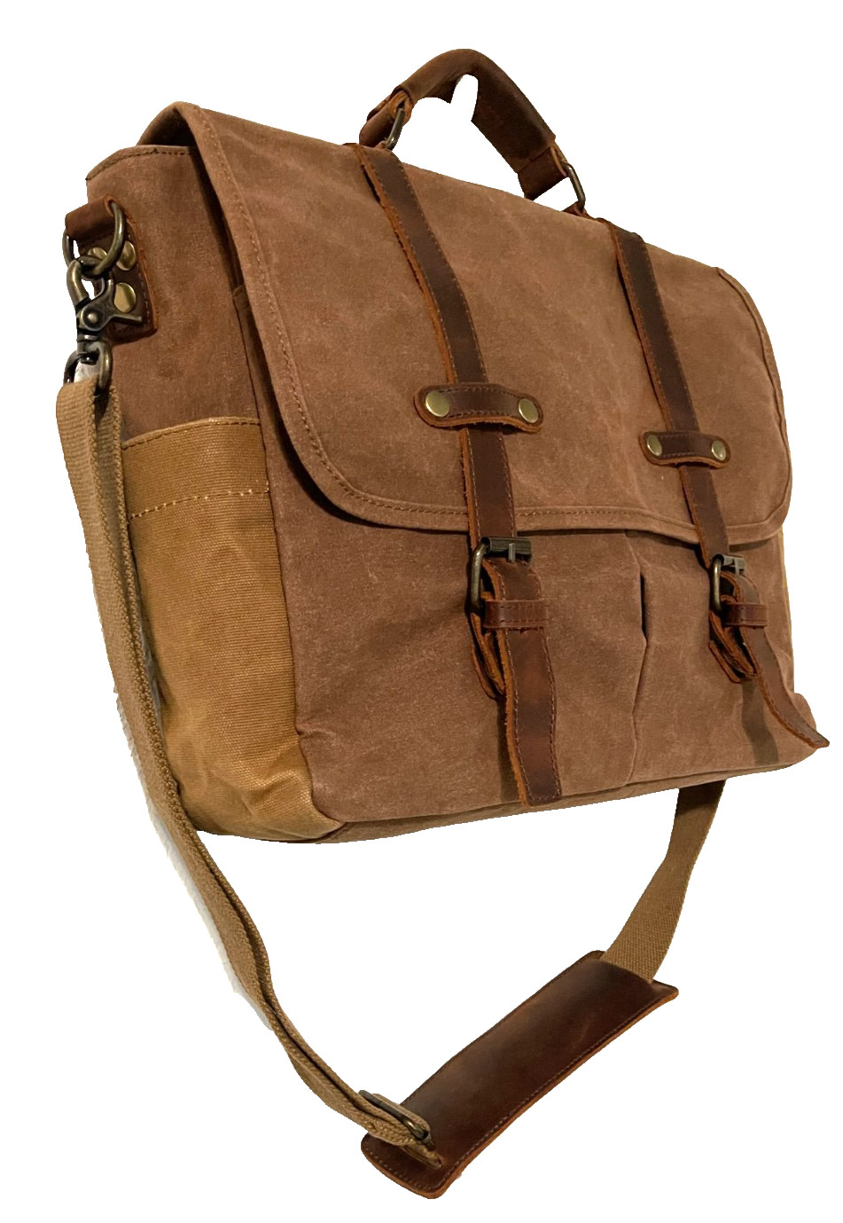 Newhey Messenger Laptop Bag Leather Accents Waxed Canvas Laptop Brown 15.5 Inch