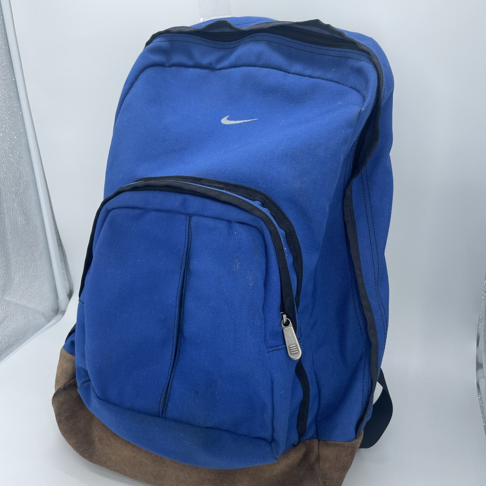 Vtg 1990s Nike Backpack Blue with Brown Suede Bottom Center SWOOSH 90s