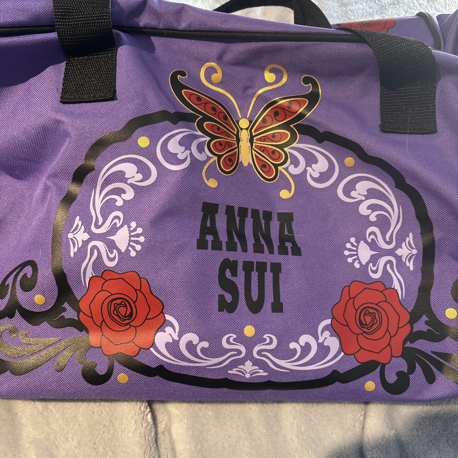 ANNA SUI Roling Luggage Carry On Duffle Bag Purple W Butterfly Red Roses Read
