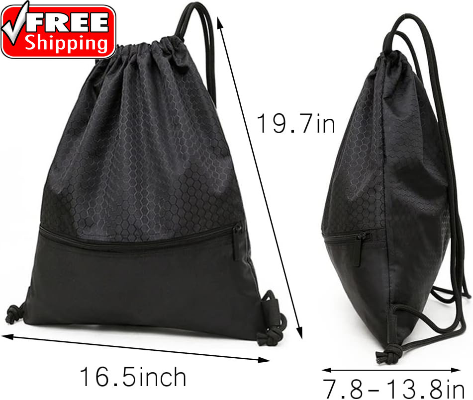 Drawstring Backpack Bag, Waterproof Draw String Back Sack with Zip Pocket, Gym D
